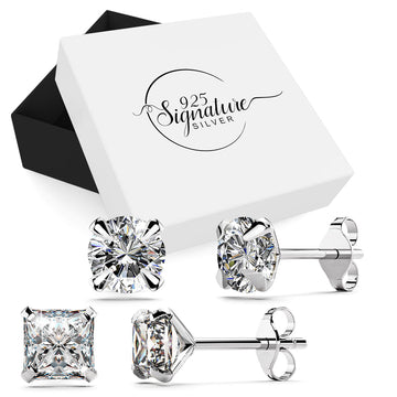 Boxed Solid 925 Sterling Silver Clear Cubic Zirconia Stud Earrings 2 Pair Set