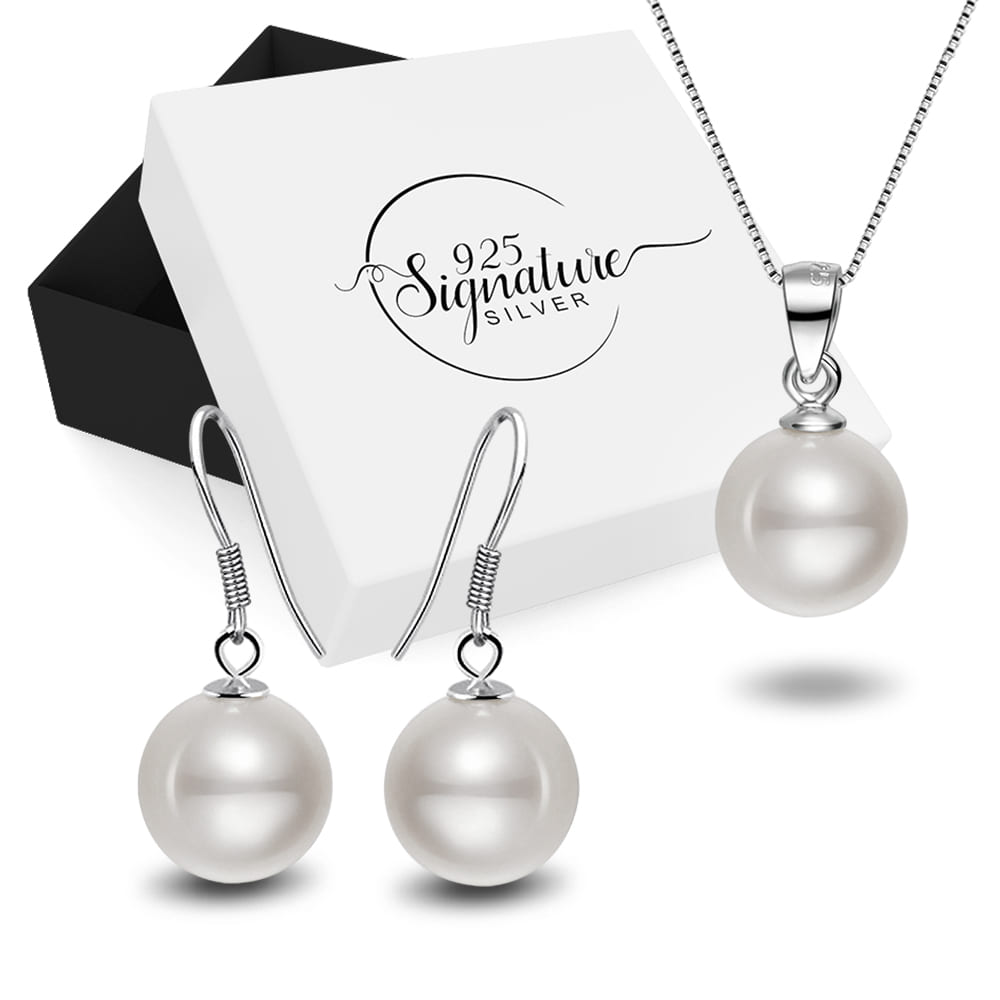 Boxed Solid 925 Sterling Silver Imitation White Pearl Necklace and Earrings Set