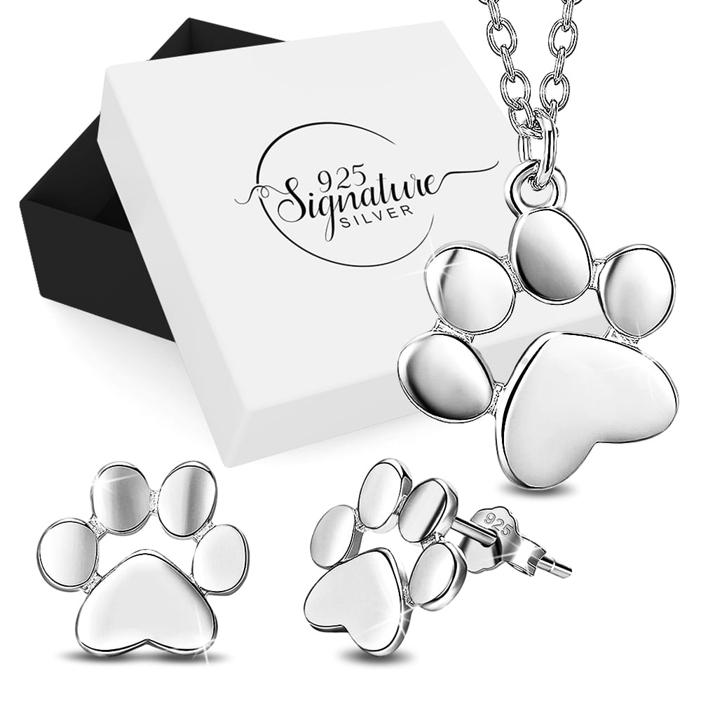 Boxed Solid 925 Sterling Silver Baby Animal Pet Paw Print Necklace and Earrings Set