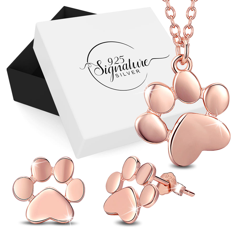 Boxed Solid 925 Sterling Silver Baby Animal Pet Paw Print Necklace and Earrings Set in Rose Gold Plated