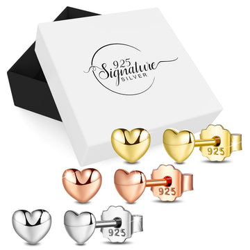 Boxed 3 Pair Set Solid 925 Sterling Silver Mini Heart Love Shaped Stud Earrings in Silver, Rose Gold and Gold Plated