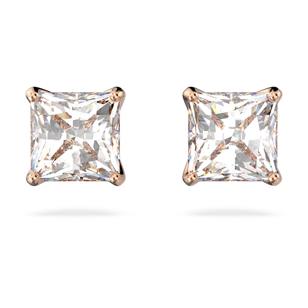 Attract stud earrings-Square cut, Small, White, Rose gold-tone plated