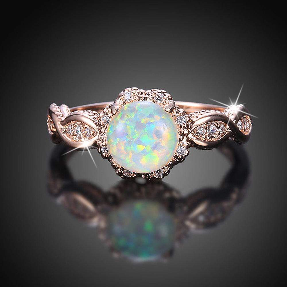 Vintage Inspired Cabochon Imitation Opal Flower Rose Gold Layered Band Ring