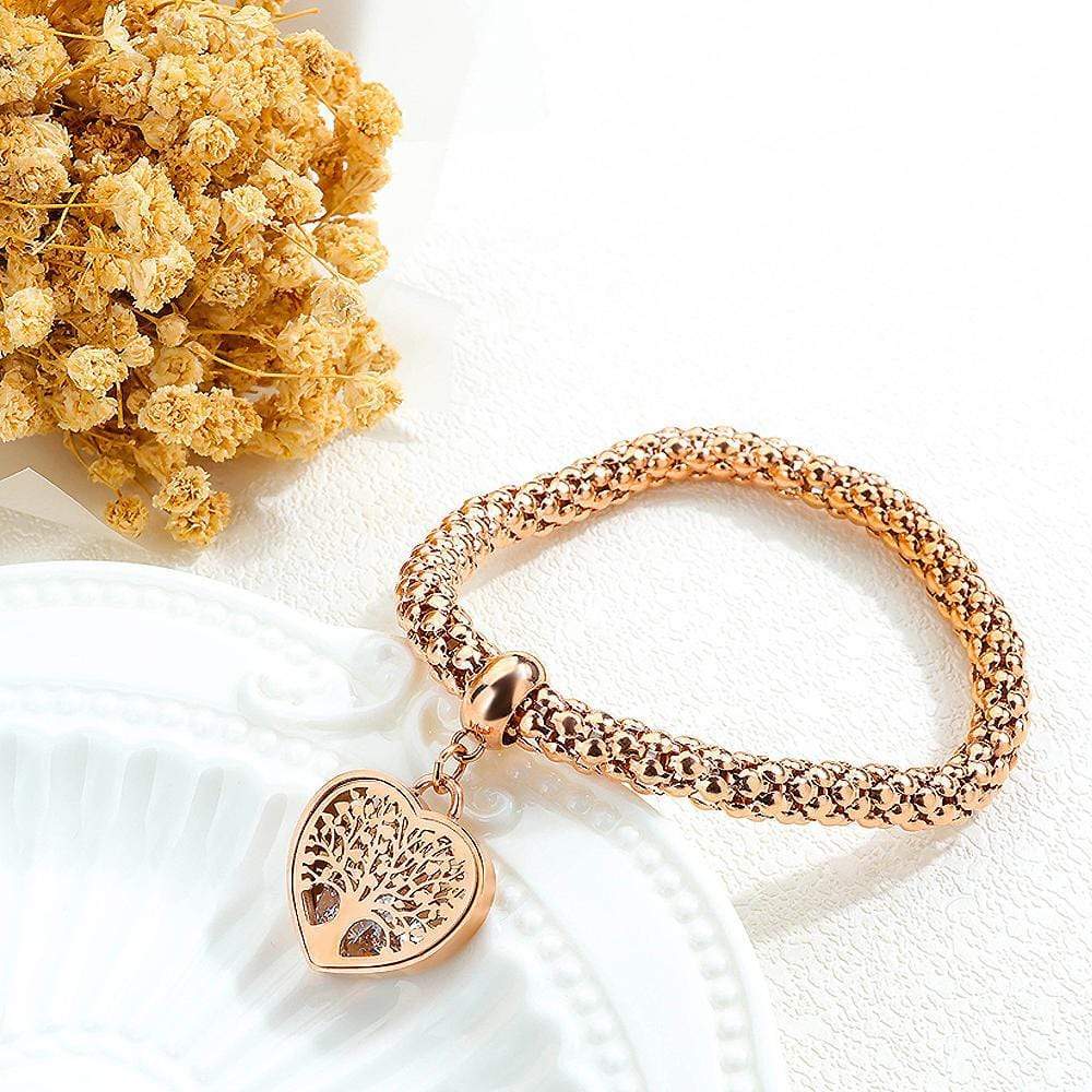 Tree Of Life Heart Shaped Charm Thick Chain Rose Gold Layered Bracelet