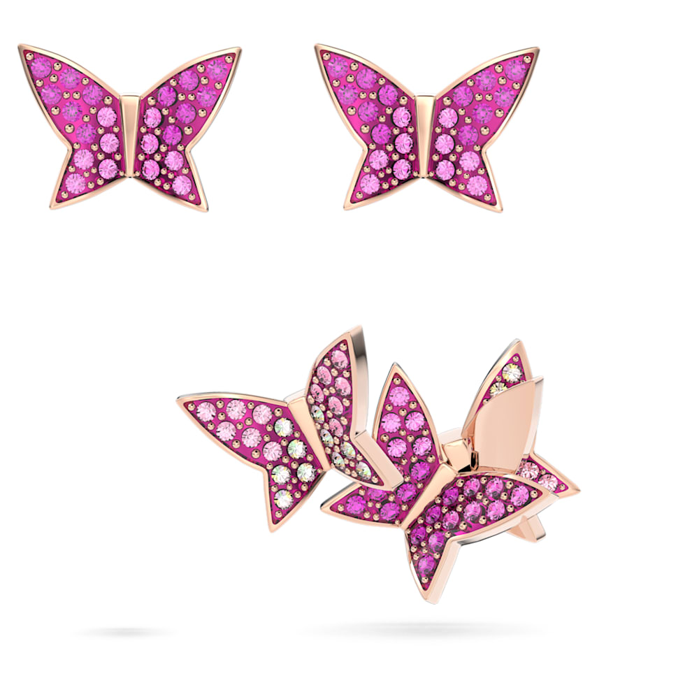 Lilia stud earrings-Set (3), Butterfly, Pink, Rose gold-tone plated